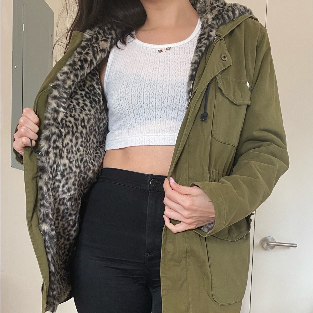 MOTHER leopard lined green long drawn jacket parka punk